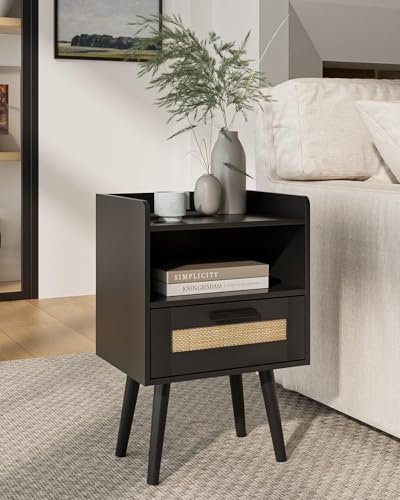 HEYZOEY Nachttisch Rattan, Beistelltisch mit Schublade, Nachtkommode mit Holz Beine für Schlafzimmer, Wohnzimmer (Schwarz-1Schublade)