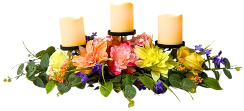 Svndlyn Candle Holders Spring Summer Centerpiece,3 Wick Candle Holder with Dahlia Pinnata Peonies and Roses for Spring Decor,Easter Centerpiece Table Decor,Indoor Home Decor,Desktop Decor