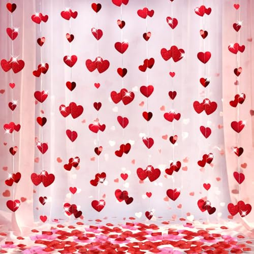 Mauts 52FT Valentine's Day Decoration Red Heart Double Sided Metallic Paper Bunting Banner, 200pcs Two Colour Petal Decoration Suitable for Engagement Anniversary Bachelor Party Love Decoration