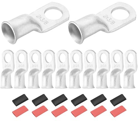 DMiotech 12 Pcs 2 AWG - 3/8 Tinned Copper Cable Lugs, Battery Cable Ends, Heavy Duty Copper Wire Lugs with 12pcs Heat Shrink Tubing for Electrical Projects, Silver