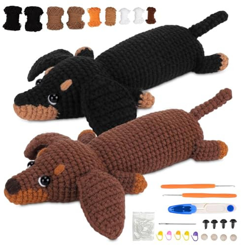 Piashow 2PC Dackel-Hunde, Häkelset für Anfänger, Schritt für Schritt Video Häkeln lernen Starter Kit Tier Set Anfänger Häkelset, Häkeln Tier Kit Komplett Dackel Hund mit Garn Haken Nadeln