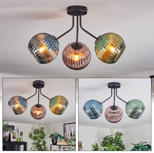 HOFSTEIN Deckenleuchte Koyoto, 3-flammige Deckenlampe aus Metall/Riffelglas in Schwarz/Kupfer/Blau/Grün, Leuchte im Vintage-Design (Schirme Ø 15 cm), E14, Esszimmer, Wohnzimmer, Schlafzimmer, Küche