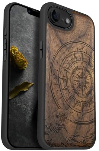 Carveit Coque en Bois pour iPhone 16e / 17e, (Noyer-Boussole Vagues) | Magnétique Protection Coque de Téléphone Antichoc Bumper TPU Compatible Magsafe pour iPhone 17e / 16e Étui Bois