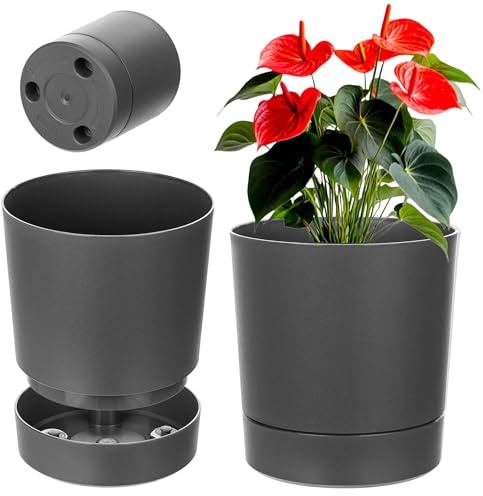KADAX Vaso da fiori con sottovaso, diametro 34,5 cm, in plastica per interni, con superficie opaca per piante da interno (antracite)