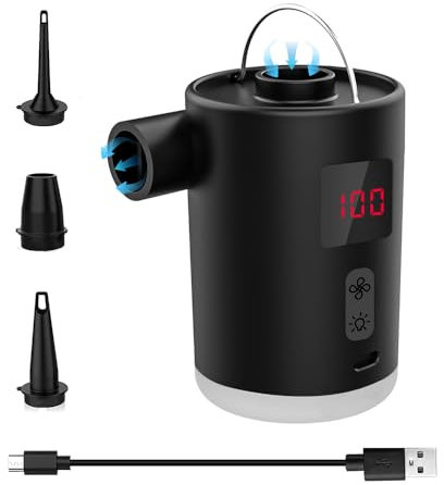 Pompe à air électrique portable sans fil avec 3 buses et lumière LED à 3 modes pour matelas gonflable de piscine, anneaux de natation