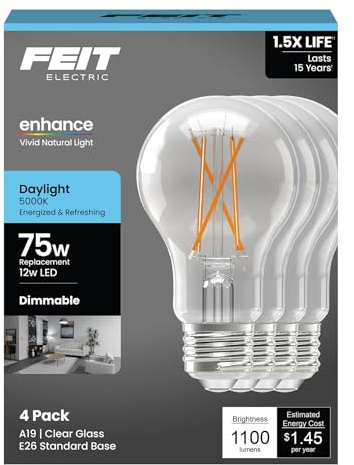Feit Electric A19 LED Light Bulb, 75W Equivalent, 1100 Lumens, 5000K Daylight, Dimmable, Clear Glass, E26 Base, 12W, General Purpose LED Light Bulbs, 17,000-Hour Lifespan, A1975CL950CA/FIL4/GB, 4 Pack