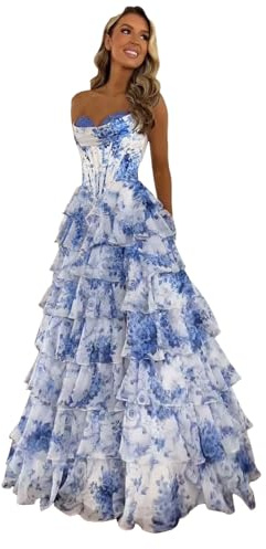 Vhersily Trägerlose Ballkleider mit Korsett für Damen, Chiffon, geschichtet, formelle Abendkleider mit Schlitz, Frühlingskleidung, sexy Kleid, Curvy, Zeremonie, Brautjungfer, Mädchen