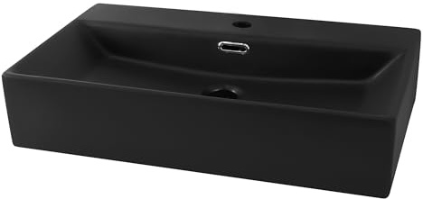 LuxeBath Waschbecken Keramik, 605x365x130 mm eckig, Schwarz, Aufsatzwaschbecken für Badezimmer und Gäste-WC, Aufsatzbecken mit Hahnloch, Hängewaschbecken Wandmontage, Waschtisch Waschschale Waschplatz