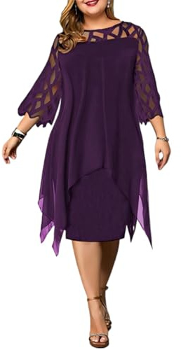 Meichoon Abito da donna Plus Size con maniche a 3/4 in chiffon, pizzo cavo, orlo irregolare, abiti di un pezzo