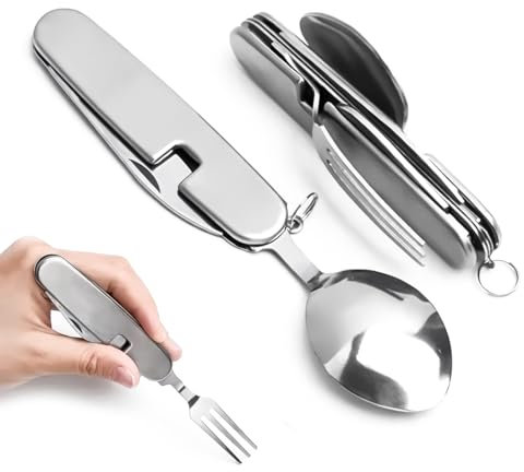 NHPY 1 Pièces Couverts De Camping Pliants, Couverts De Camping 4 En 1 En Acier Inoxydable(Couteau, Fourchette, Cuillère, Décapsuleur) Pour La Randonnée En Plein Air Pique-Nique Voyage, Pique Nique