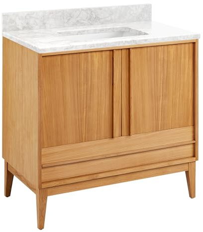 Signature Hardware 955208-36-RUMB Sybill 36 Freestanding Teak Single Basin Vanity Set with Cabinet, Vanity Top, and Rectangular Porcelain Sink - No Faucet Holes - Natural Teak/Carrara