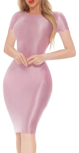 Maeau Damen Hüftkleid Ölig Glanz Umwickelt Kleid Figurbetont Sexy Partykleid Transparent Glossy Nachtkleid Clubwear XL