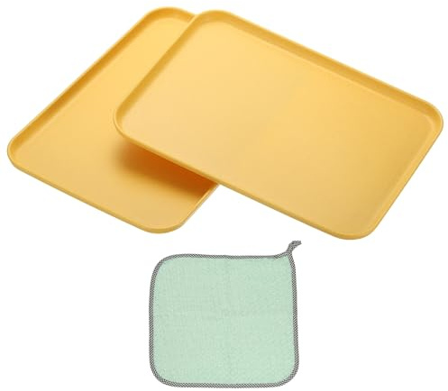PATIKIL 12x8.7 Plastic Tray, 2 Pack Rectangular Plates Small Food Tray Wheat Plates Dishes Reusable Dessert Plate Trays with Cloth for Cake Fruits Salad Cupcake Steak Serving Yellow