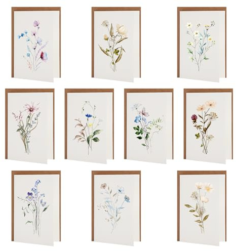 HENGBIRD Biglietti di Ringraziamento Fiori di Campo,Set da 10 Biglietti con Buste Kraft e 25 Adesivi a Cuore Dorati,Biglietti Vuoti per Matrimonio, Compleanno, Insegnanti, Colleghi, Famiglia e Amici