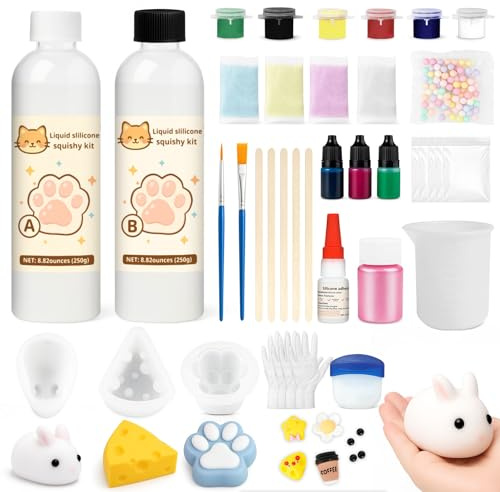 1DFAUL Flytande Silikon Squishy Tillverkningssats, 17.6oz Squishy Gel Skapa Dina Egna Squishies, Inga Bubblor & Snabb Härdning, med Kanin-, Katttass-, Ostformar, Rolig Stresslindring