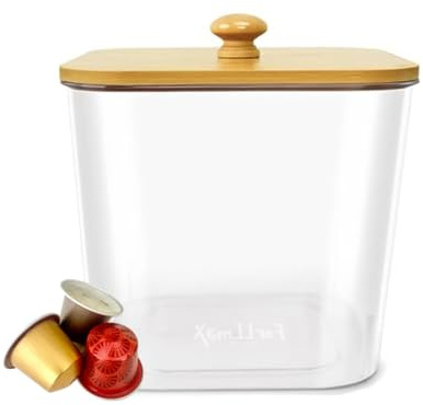 ForLLmaX Coffee Pod Storage Container, Coffee Pod Holder with Bamboo Lid, 3.2L Large Capacity, Compatible with 70+ Original Pods, Vertuo Pods, K-Cup Pods, Clear with Gold Lid