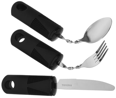 Cubiertos Adaptables Antivibración 3 Piezas de Acero Inoxidable Negro | Tpr y Pp, Diseño Flexible y Apto Lavavajillas, para Adultos con Temblores Mano