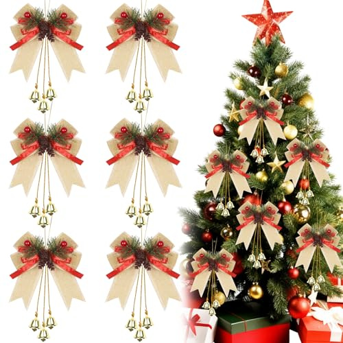 6 stycken röda rosetter jul, julgran, rosetter med grankottar, klockor, hängande julrosetter för presentförpackning, girlang, öppen spis, julgransdekoration