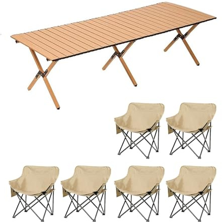 HBOOMOEM Klappbarer Campingtisch Set，Robuster Tisch Und StüHle Im Freien Set ，FüR Den Innen- Und AußEnbereich Geeignet, Geeignet FüR Picknicks, Gartenarbeit Und Reisen.(Khaki,150CM+6 Chairs)