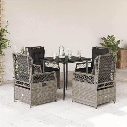 QJBSAVVA 5-TLG. Gartenmöbel Set mit verstellbarem Gartensessel Hellgrau Poly Rattan Sitzgruppe für Balkon Terasse klein 80x80 cm Esstisch mit Glasplatte