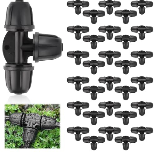 Kalolary, 30 Unidades de Accesorios de riego por Goteo de 1/4 Pulgadas, Conectores en T para Tubos de riego de 6 mm, Conectores con tapón de Seguridad para líneas de Goteo de jardín