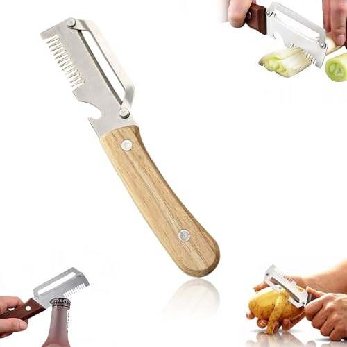 GWEOR Pelapatate Multifunzione 2 in 1 con Manico in Legno, Pelatore da Cucina Professionale in Acciaio Inox per Verdure, Cipollotto e Carote, Coltello Pelatore per Julienne e Sbucciatore