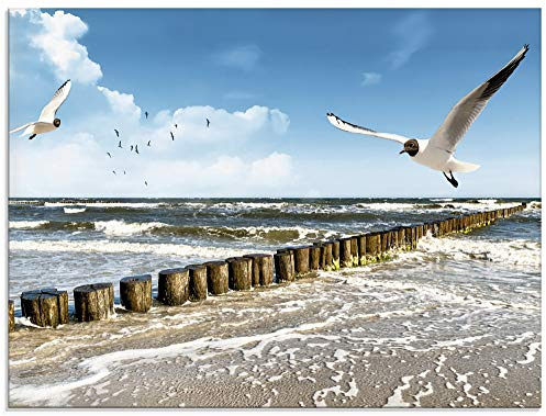 ARTland Wanddeko Glasbilder Wandbild Glas Bild einteilig 60x45 cm Querformat Strand Meer Maritim Landschaft See Ostsee Möwe Himmel Sommer T5QR