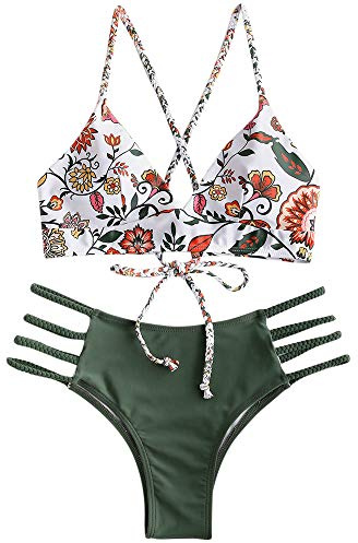 ZAFUL Damen Zweiteilig Bikini-Set mit Flechtgurt verstellbarem BH Push-Up Rücken, Triangle Einfarbig Badehose mit Blummenmuster (Grün-2, S)