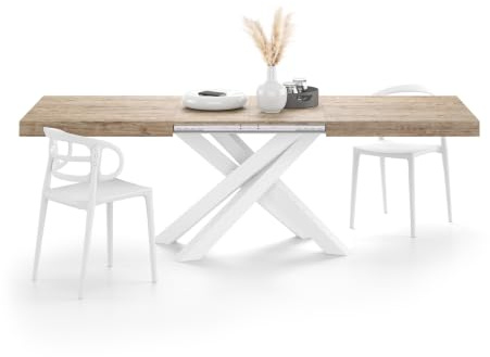 Mobili Fiver, Uttöjbart bord Emma 160(240) x90 cm, Ek med vita korslagda ben, Tillverkad i Italien