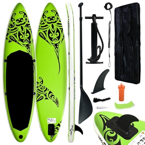 vidaXL Stand Up Paddle Board Set Aufblasbar SUP Surfboard Paddling ISUP Surfbrett Paddelboard Wellenreiter Aluminium-Ruder 366x76x15cm Grün