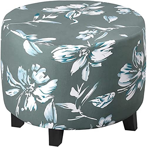 YCDZSW Stretchhusse für Ottomane, runder Fußhocker, aus Spandex-Jacquard-Stoff, waschbar, mit elastischer Unterseite, Grau / Grün, Größe L
