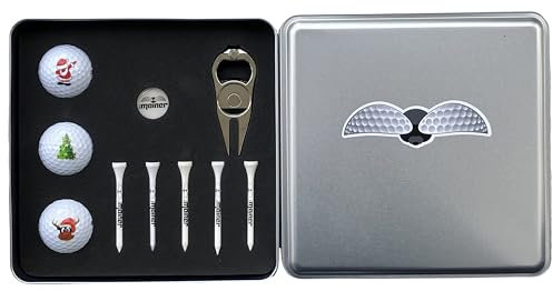 Emainer Golf Geschenk Set, mit hcp personalisierbare Golfbälle, Pitchgabel, Ball-Marker, Bambus Tees, in edler Metallbox (Weihnachten)