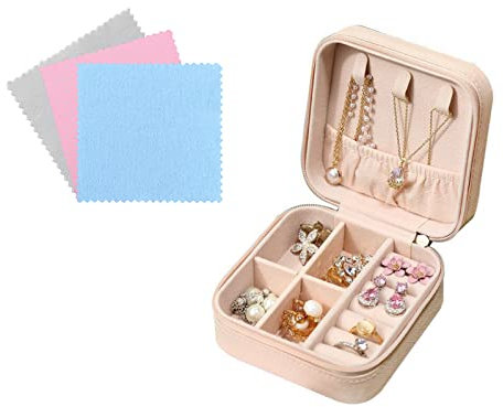 FuninCrea Jewellery Box for Women, Mini PU Leather Travel Jewelry Storage Case with 3pcs Silver Cloth for Rings Earrings Necklace, Portable Jewellery Box Organizer for Girl, Wife, Mother (pink)