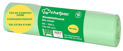 Chefpac Müllsäcke 10 Stück 70x110 cm biologisch abbaubare und kompostierbare Müllbeutel Biomüllbeutel für Küche Mülltrennung Innenbereich für Biotonne Restmülltonne
