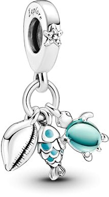 PANDORA Moments Fisch, Meeresschildkröte & Muschel Dreifacher Charm-Anhänger aus Sterling-Silber, Kompatibel Moments Armbänder, 791697C01