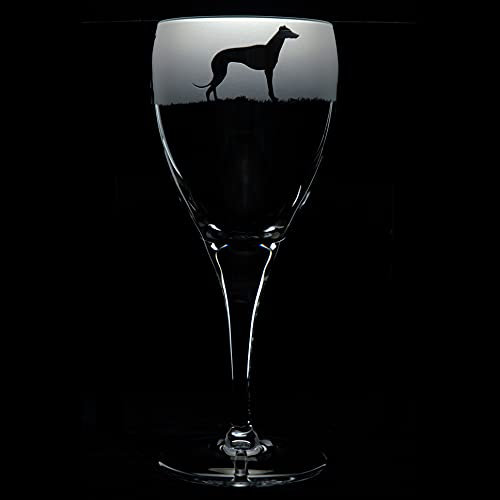 GLYPTIC GLASS ART 'Greyhound' Dog Frieze Hand Etched/Engraved Crystal Wine Glass