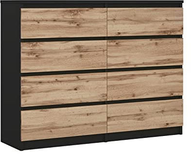 3xE Living Komodenschrank mit 8 Schubladen Farbe: Schwarz & Wotan Eiche, A: 120 x 101 x 39 cm, Schubladenkommode,Sideboard