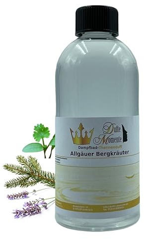 Dufte Momente Dampfbad Duftkonzentrat Allgäuer Bergkräuter 500ml – harmonischer Kräuterduft mit Zirbe, Lavendel, Salbei, Melisse – für Dampfbäder, Verdampferanlagen, Dampfduschen – Made in Germany