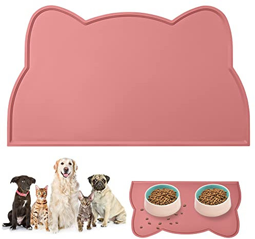 vsshe Silicone Dog Cat Bowl Mat, Dog Cat Food Mat, Waterproof Dogs Placemat Non-slip Dogs Feeding Mat for Foods and Water Bowls, Prevent Food Spills and Water Messes, Keep Floors Clean (Pink)