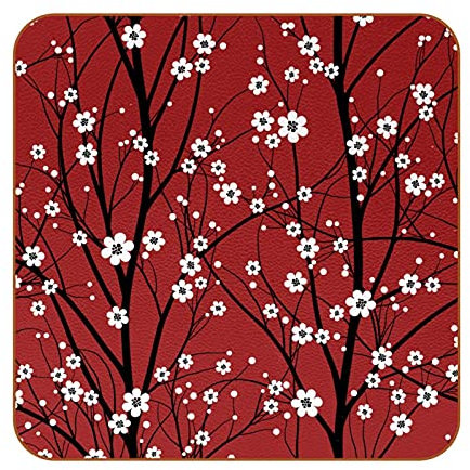 Getränkeuntersetzer 6er Set, PU Leder Dekorative Einweihungsgeschenk für Wohnkultur Kirschbaum Äste Weiß Kleine Blumen Rot
