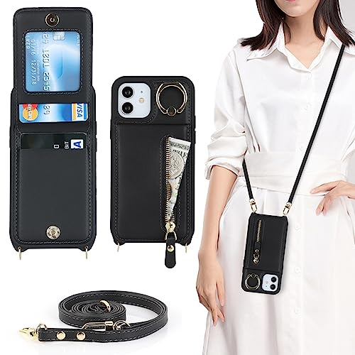 CAVOR Handykette Handyhülle Kompatibel mit iPhone 12 Mini Hülle Mit Band,Flip Leder Geldborse Hülle,[4 Kartenfach][Mit Ring][Reißverschluss],Handytasche zum Umhängeband - Schwarz