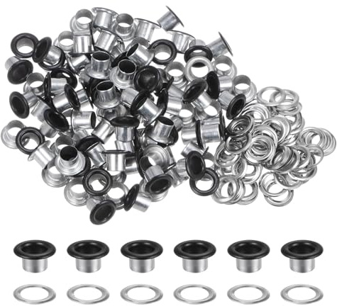QUARKZMAN 100 Ensembles Œillets en Métal de 6mm ID avec Rondelles, 7mm de Hauteur Œillets en Fer pour Chaussures, Vêtements, Ceintures, Étiquettes, Sacs, Tissus, Cuir, Noir Mat