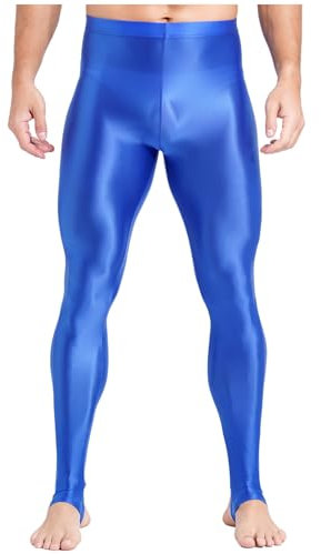 FEESHOW Herren Glänzende Leggings Sexy Wetlook ÖL-Glanz Strumpfhosen Blickdicht Mit/Ohne Steigbügel Sport Kompressions Hose Blau_A XL
