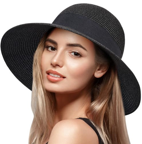 VIFUUR Damen Strohhüte Breiter Rand Sommervisier Strand Sonnenhut Verpackbare UPF UV Faltbare Reise Black M/L