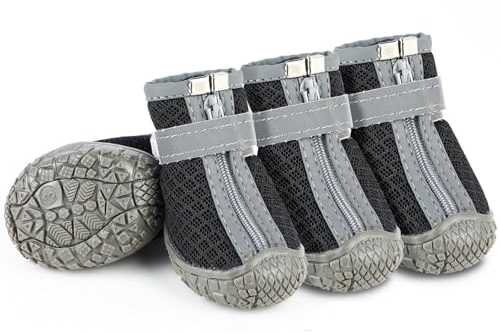 Hundeschuhe Pfotenschutz Outdoor Sommer, 4 Stück Pfotenschutz Hund mit Reflektierendem Klettverschluss, atmungsaktive Hundestiefel, Verstellbarer Hunde Schuhe für Kleine Mittlere Hunde (Schwarz, 4)