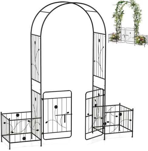 COSTWAY Garden Arch with Gate, Metal Pergola Arbor Trellis for Climbing Plant Rose Vines, Heavy Duty Plants Support Archway for Lawn Backyard Party Wedding (with Planter Boxes, 198 x 50 x 220cm)