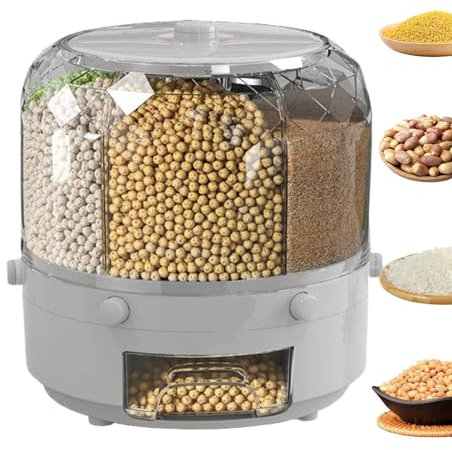 6-Grid Rotating Food Dispenser, 360° Round Bucket Sealed Grain Container, Clear Sealed Rice Storage Container, Rotatable Dry Food Fruit Storage Box Tank with Lid, M'oisture-Proof, for Home and Kitchen
