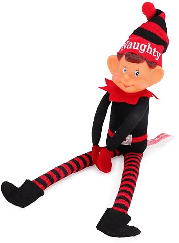 Toyland® Elves with Attitude, 35 cm (14 Zoll), rot-schwarzes Plüsch-Elfentier „Ungezogener“ – Strickmütze und -Beine – freches Vinylgesicht und zusammenfügen Hände – Festlicher Spaß für alle!