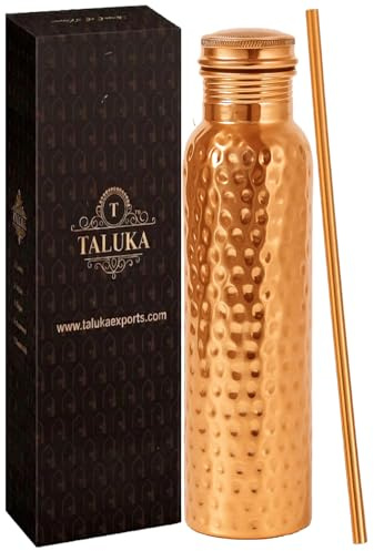 Taluka 34 OZ/1000 ML Pure Copper Hammered Water Bottle With Copper Straw Leak Proof Design Vessel For Drinking Ayurveda Health Benefits Pitcher For Sport Fitness Yoga