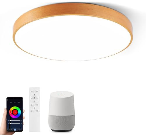 Plafón LED WIFI inteligente con control remoto, luz de material de haya natural compatible con Alexa Google Home, luz de cambio de color ajustable para la sala de estar del dormitorio